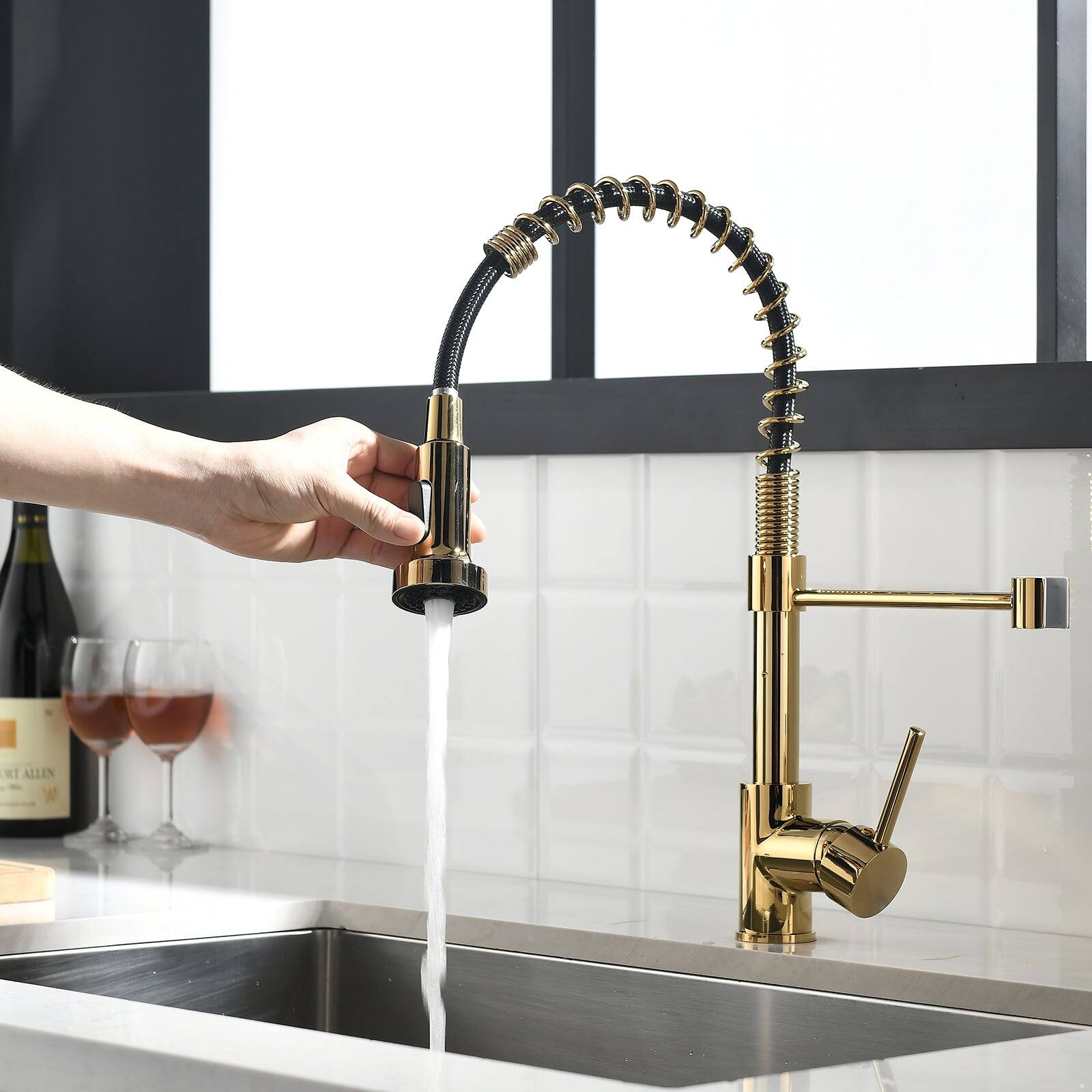 Alt View 4. Boyel Living - Contemporary Single Handle Gooseneck Pull Down Sprayer Kitchen Faucet Brushed Gold - Brushed Gold.