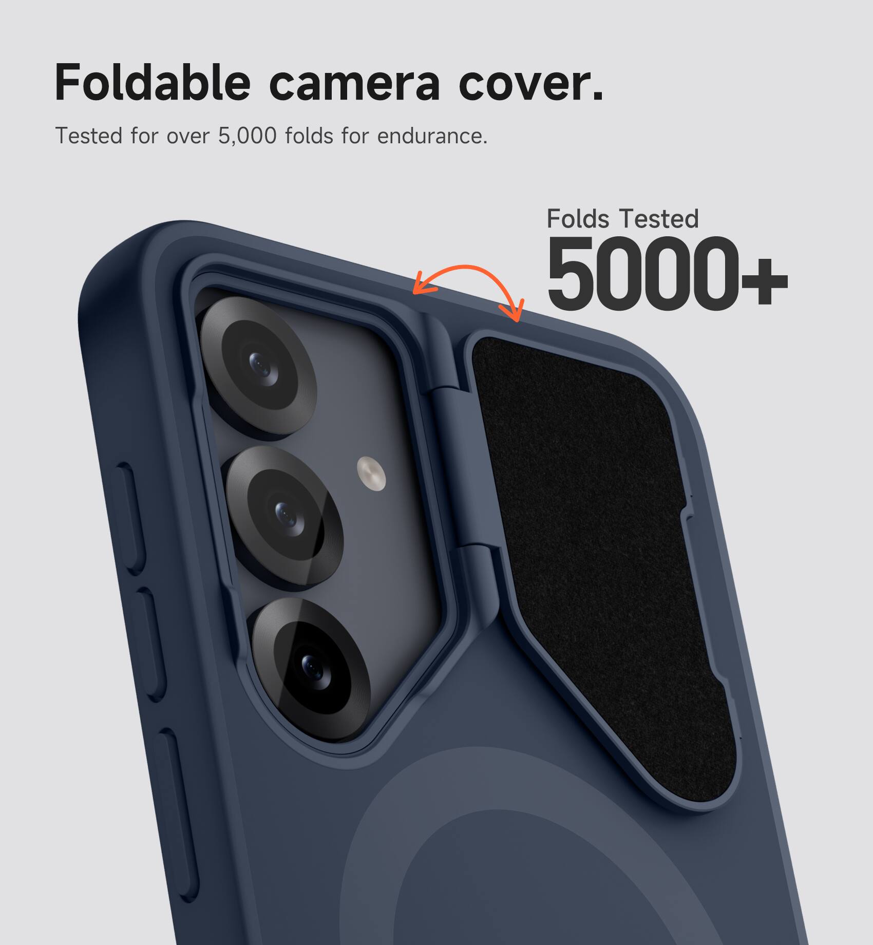 Foldable camera cover.  
Tested for over 5,000 folds for endurance.  
Folds Tested 5000+