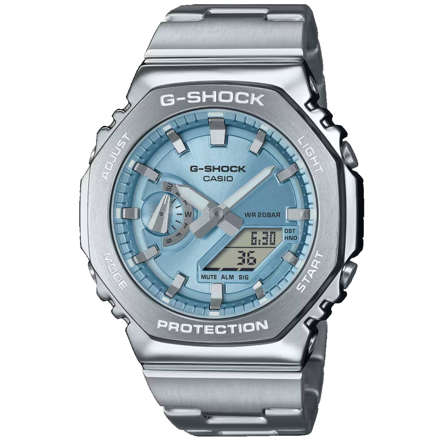 G-SHOCK  
G-SHOCK LIGHT  
CASIO  
WR 20BAR  
PROTECTION  
ADJUST  
LIGHT  
MODE  
MUTE  
ALM SIG  
START  
DST  
HND