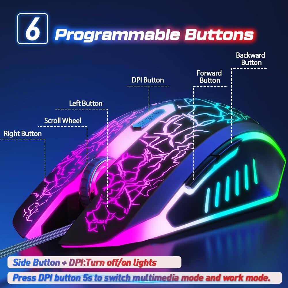 6 Programmable Buttons

- Backward Button
- Forward Button
- DPI Button
- Left Button
- Scroll Wheel
- Right Button

Side Button + DPI: Turn off/on lights

Press DPI button 5s to switch multimedia mode and work mode.