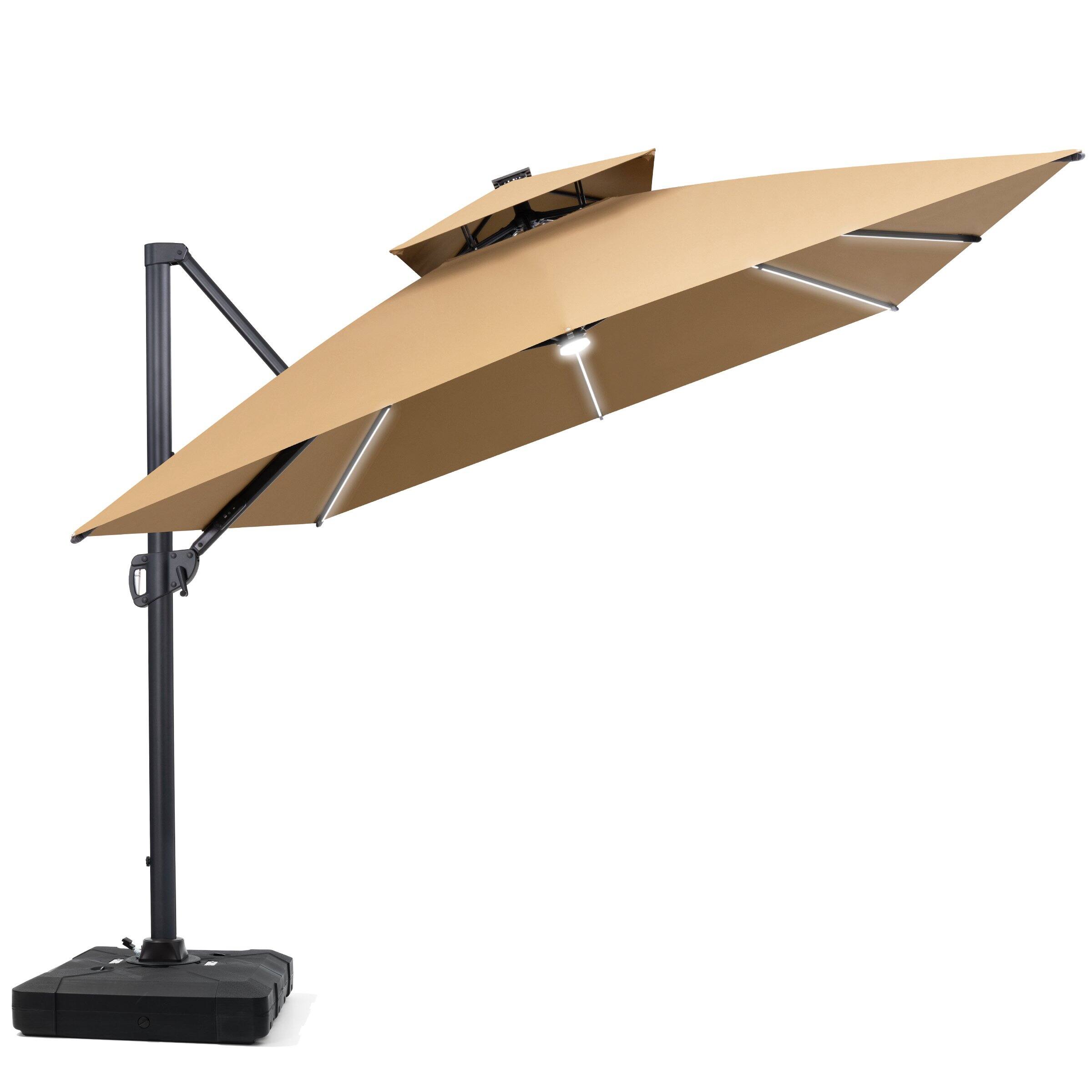 Alt View 1. Crestlive Products - Crestlive Products 13' Patio Offset Cantilever Umbrella 2-Tier Top With Solar-Lighted Strips 350lbs Wheel Base - tan.