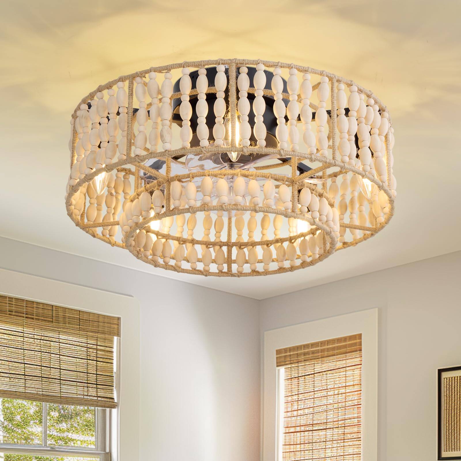 Alt View 1. Siljoy - 20" Boho Wood Beaded Flush Mount Ceiling Fan with Light & Remote - Beads.