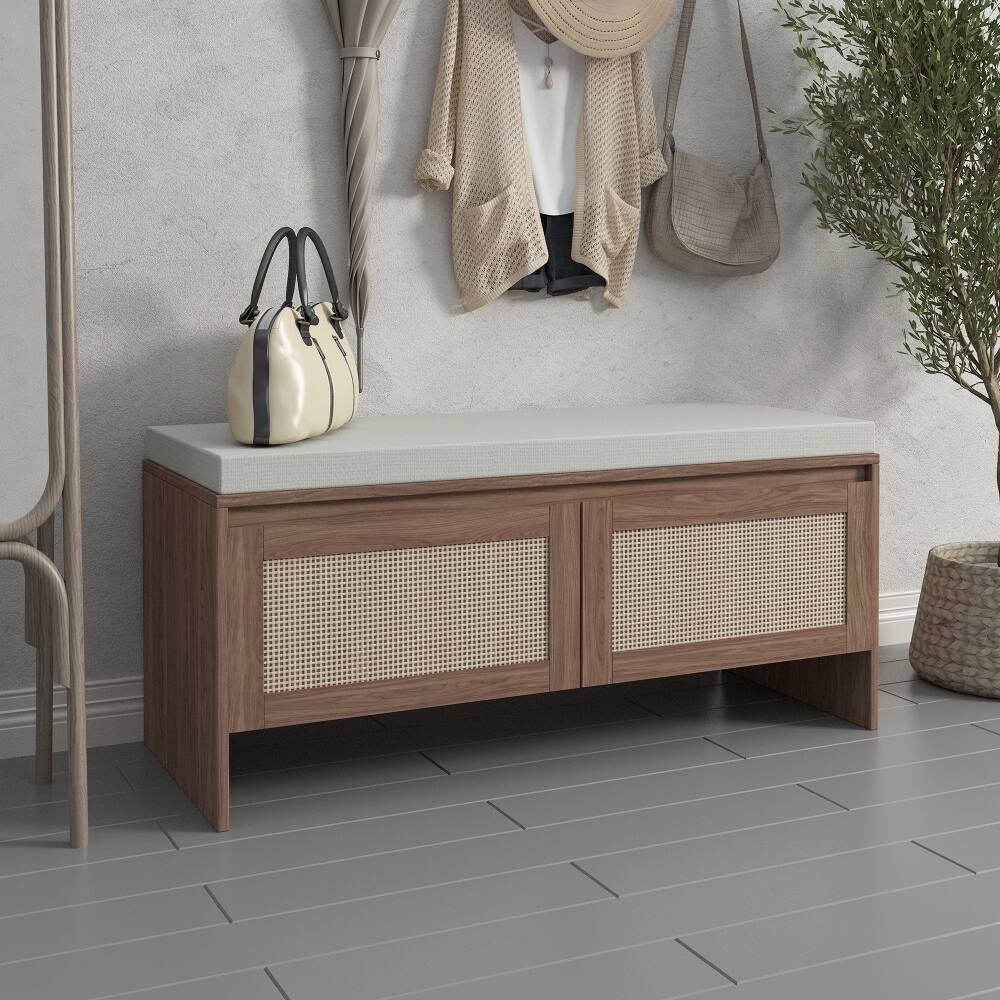 Alt View 10. Ropilly - Ropilly Rattan Storage Bench with Cushion, Mid-Century Modern Wood Entryway Seat Shoe Cabinet with Doors, Natural Finish - Natural.