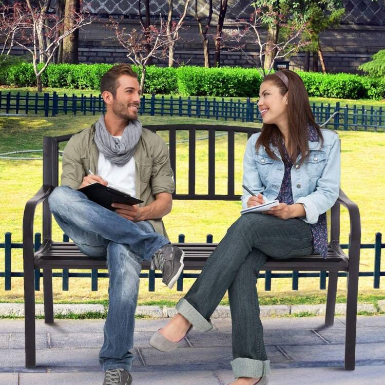 Angle. Mondawe - 50in Freestanding Patio Garden Bench Loveseat, Outdoor Metal Bench for 2 with Cast Iron Backrest - Black.