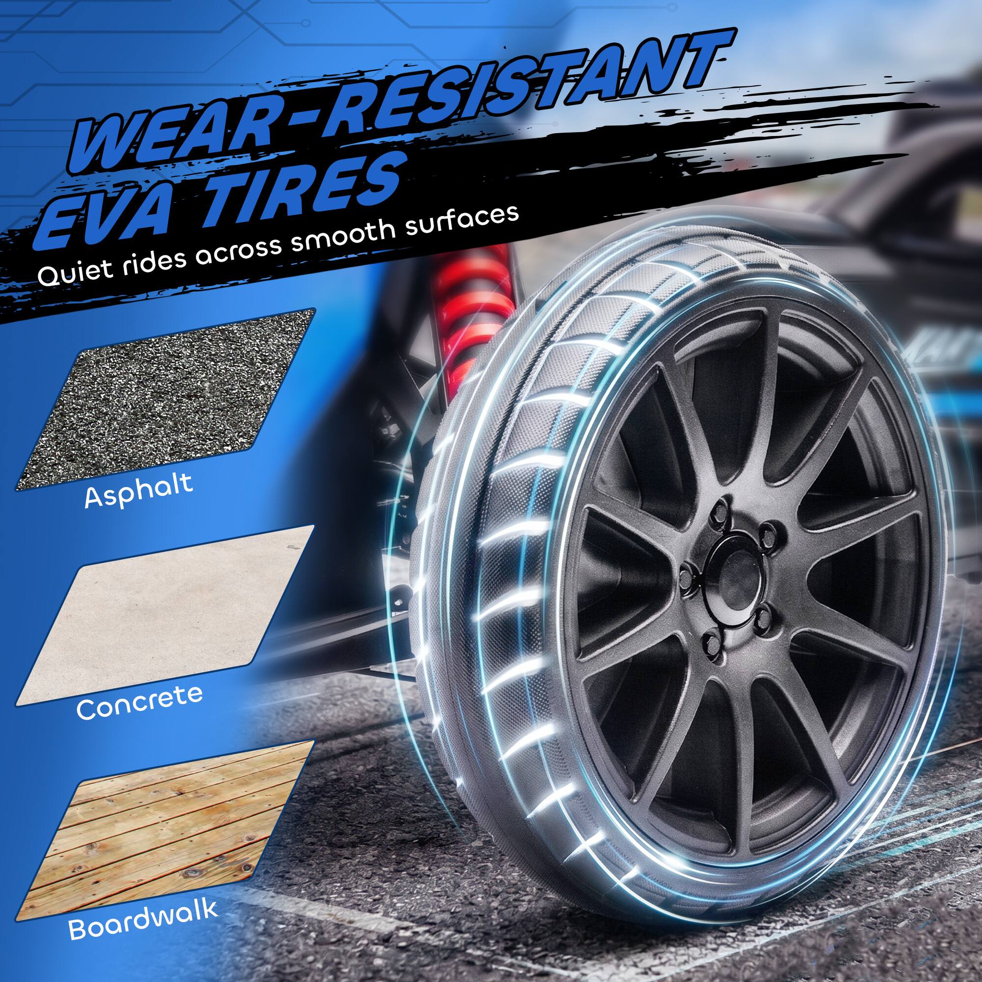 WEAR-RESISTANT EVA TIRES

Quiet rides across smooth surfaces

Asphalt
Concrete
Boardwalk