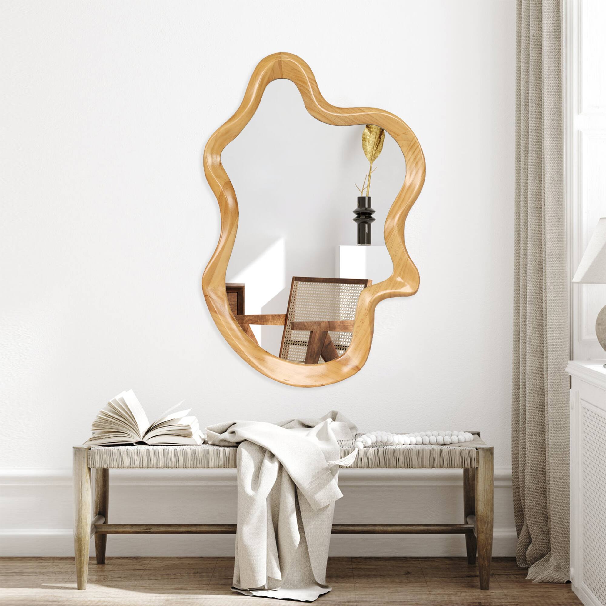 Angle. PAIHOME - 33.46" x 22.24" Irregular Shaped Wall Mirror with Natural Wood Frame, Decorative Bathroom Bedroom Vanity Mirror - Natural Wood.