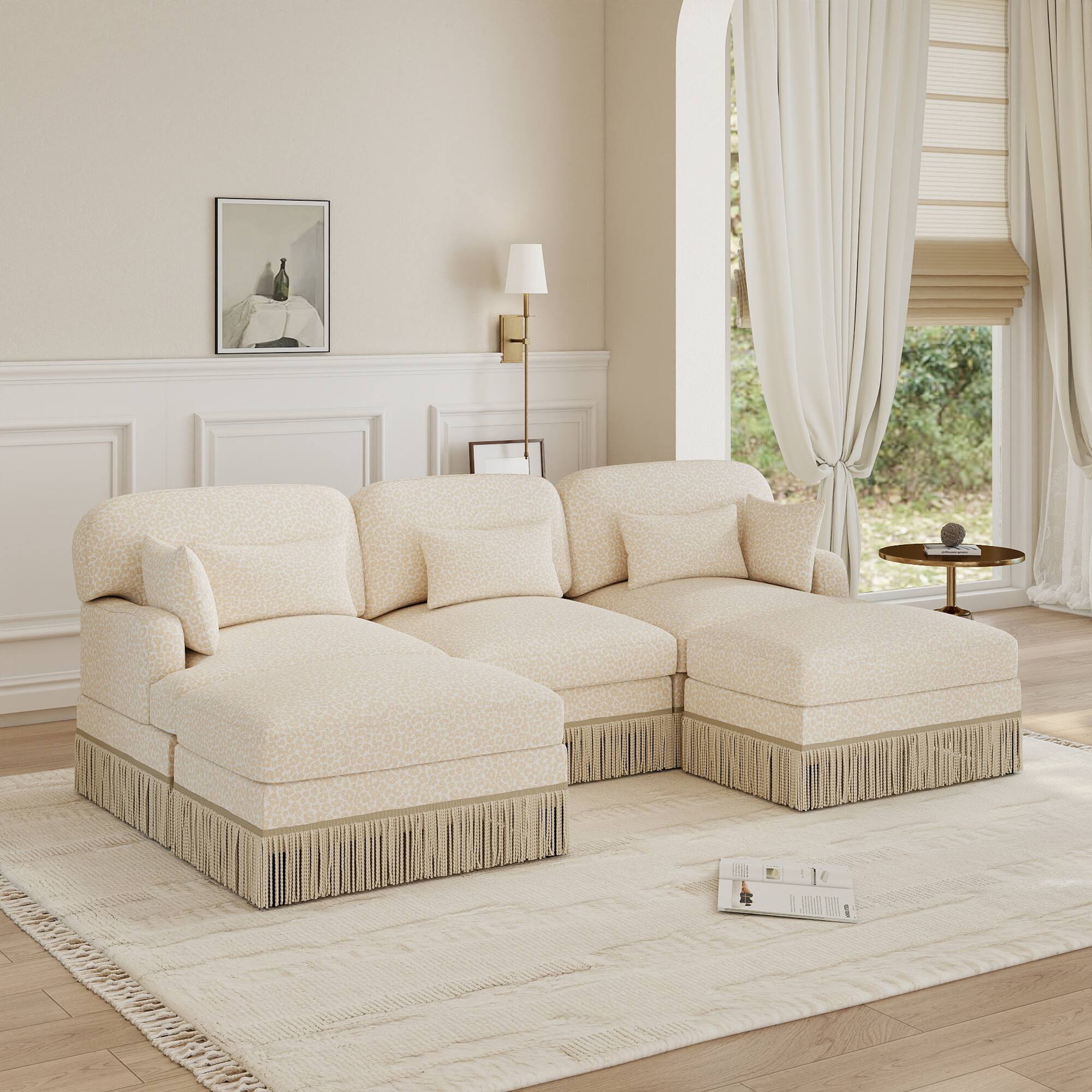 Left. Anysun - 100" U-Shaped Chenille Leopard Print Sofa with Movable Ottomans & Tassel Edge, Ergonomic Deep Seat for Living Room - Beige.