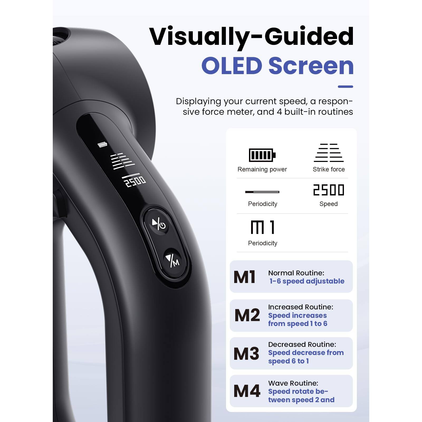 Visually-Guided OLED Screen  
Displaying your current speed, a responsive force meter, and 4 built-in routines  

Remaining power  
Strike force  
Periodicity  
Speed  

M1  
Normal Routine:  
1-6 speed adjustable  

M2  
Increased Routine:  
Speed increases from speed 1 to 6  

M3  
Decreased Routine:  
Speed decrease from speed 6 to 1  

M4  
Wave Routine:  
Speed rotate between speed 2 and