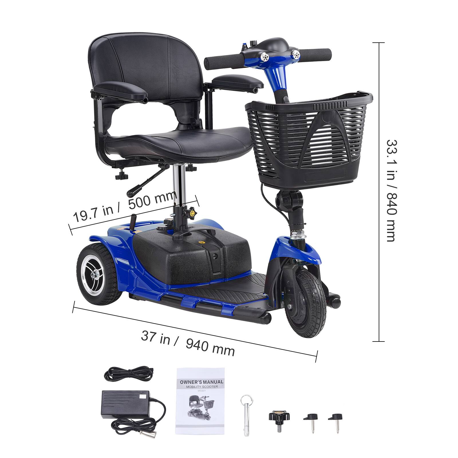 - 19.7 in / 500 mm
- 37 in / 940 mm
- 33.1 in / 840 mm

OWNER'S MANUAL MOBILITY SCOOTER