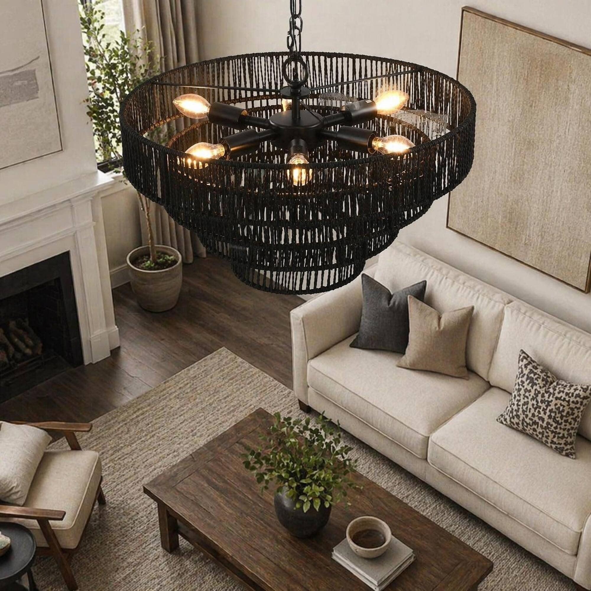RYHNUYNE Handcrafted 20 Inch Boho Pendant Light with Natural Hemp Rope ...