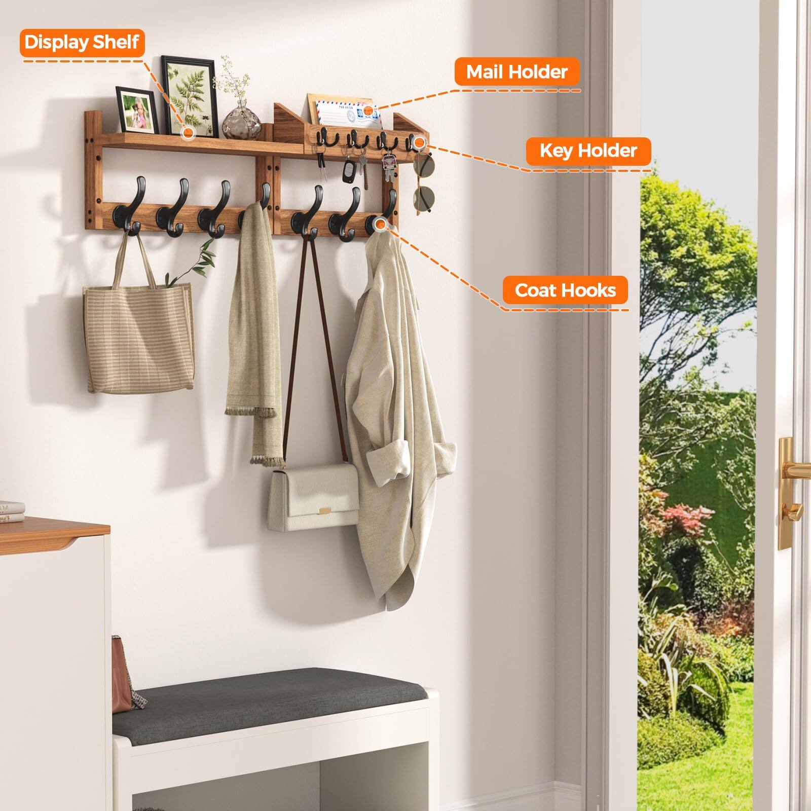 - Display Shelf
- Mail Holder
- Key Holder
- Coat Hooks