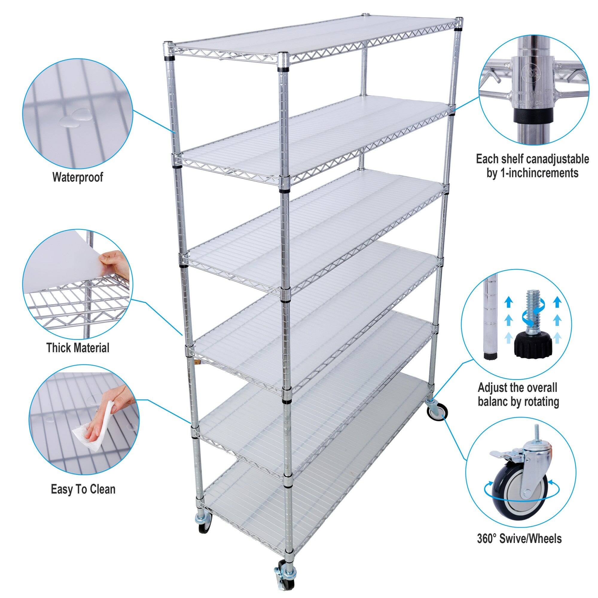 Waterproof  
Each shelf can be adjustable by 1-inch increments  
Thick Material  
Adjust the overall balance by rotating  
Easy To Clean  
360° Swivel/Wheels