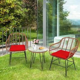 Gymax - 3PCS Rattan Patio Conversation Set Bistro Chat Set w/ Cushions - Red