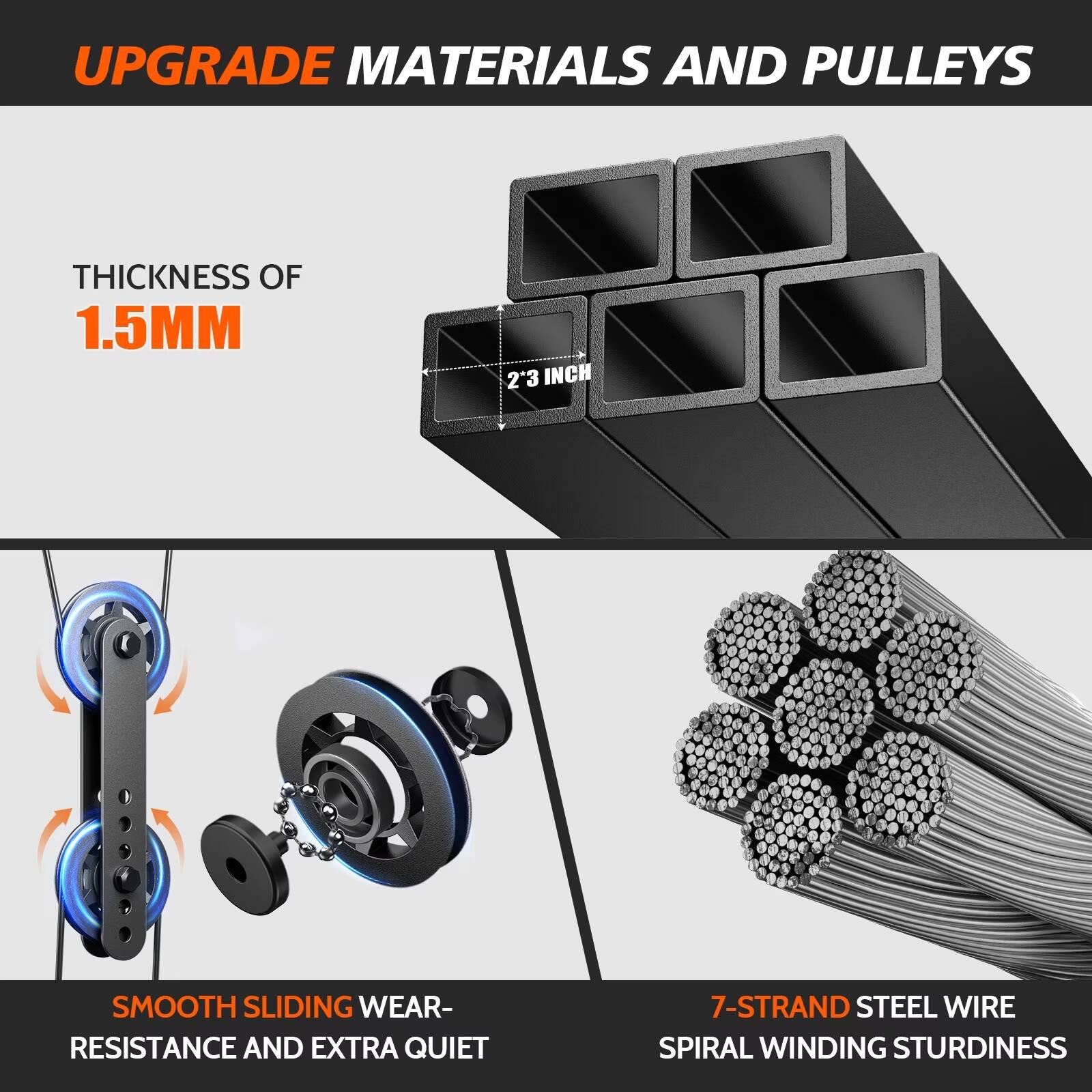 UPGRADE MATERIALS AND PULLEYS

THICKNESS OF 1.5MM

2'3 INCH

SMOOTH SLIDING WEAR-RESISTANCE AND EXTRA QUIET

7-STRAND STEEL WIRE SPIRAL WINDING STURDINESS