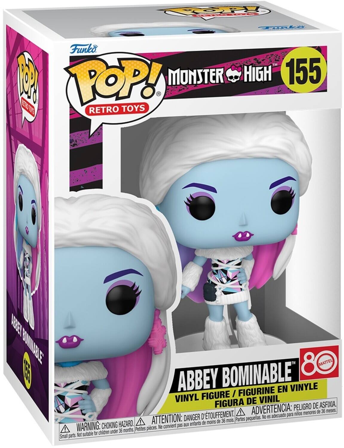 Sure, here is the corrected and grouped text from the image:

---

**Funko**

**POP! RETRO TOYS**

**MONSTER HIGH**

**155**

**ABBEY BOMINABLE**

**VINYL FIGURE / FIGURINE EN VINYLE / FIGURA DE VINIL**

**WARNING: CHOKING HAZARD. Small parts. Not suitable for children under 36 months.**

**ATTENTION: DANGER D'ÉTOUFFEMENT. Petites pièces. Ne convient pas aux enfants de moins de 36 mois.**

**ADVERTENCIA: PELIGRO DE ASFIXIA. Partes pequeñas. No es adecuado para niños menores de 36 meses.**

**8+**

**MATTEL**

---

This text is organized to reflect the information on the packaging, including the brand, series, character, warning labels, and age recommendation.
