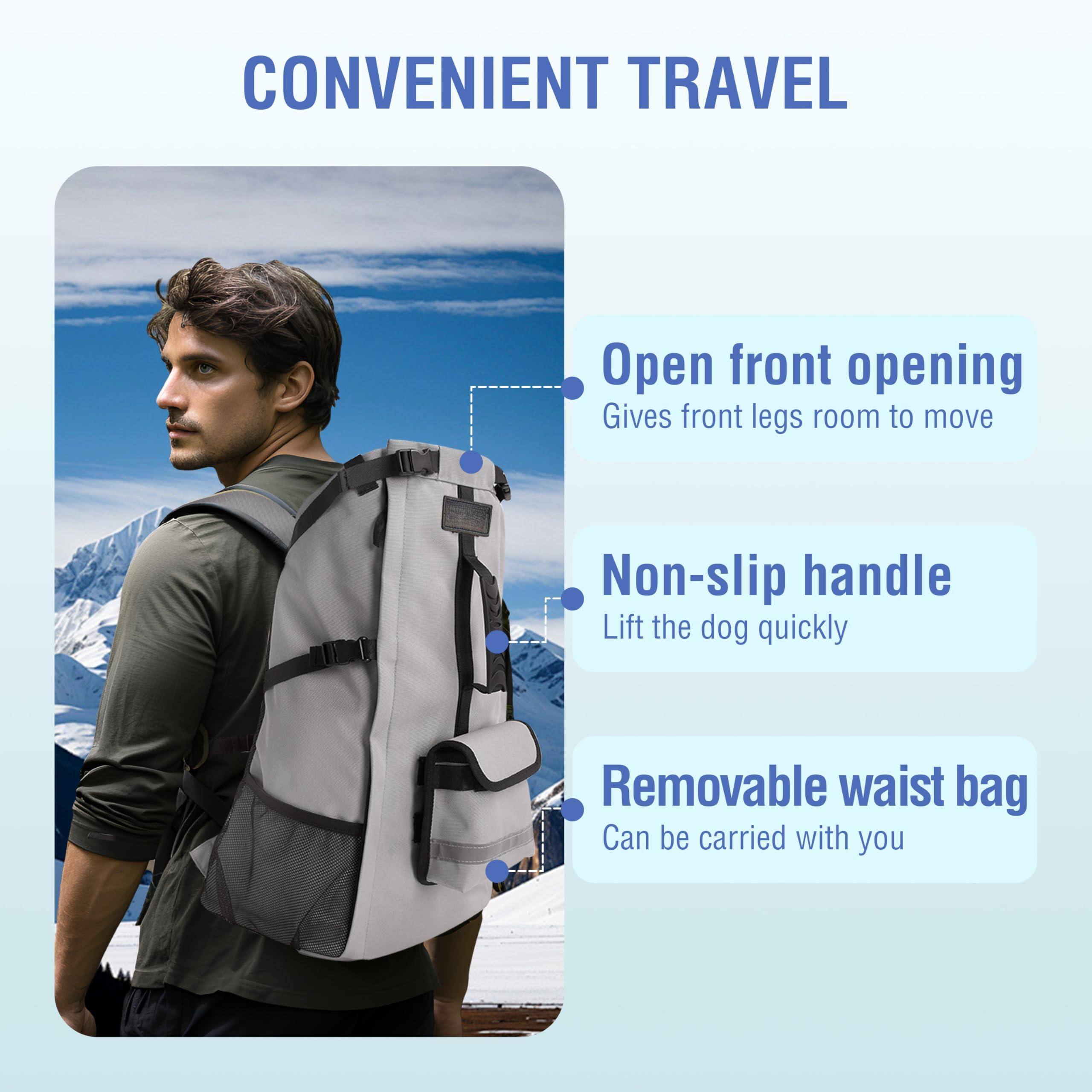 CONVENIENT TRAVEL

- Open front opening
  - Gives front legs room to move

- Non-slip handle
  - Lift the dog quickly

- Removable waist bag
  - Can be carried with you
