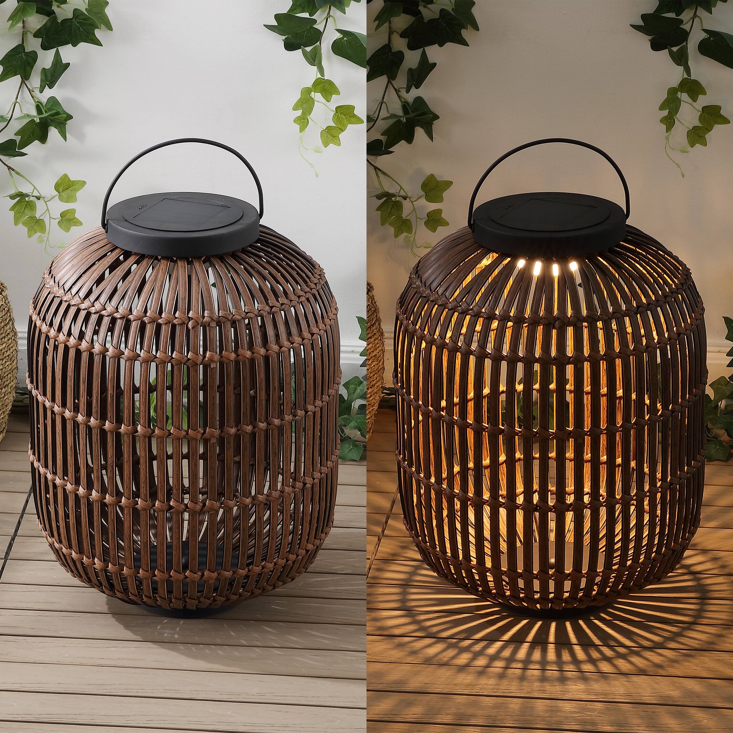 Alt View 4. Jonathan Y - Nara 20.5" Modern Global Faux Rattan Integrated Indoor/Outdoor LED Solar Powered Lantern, Dark Brown/Black - Dark Brown/Black.
