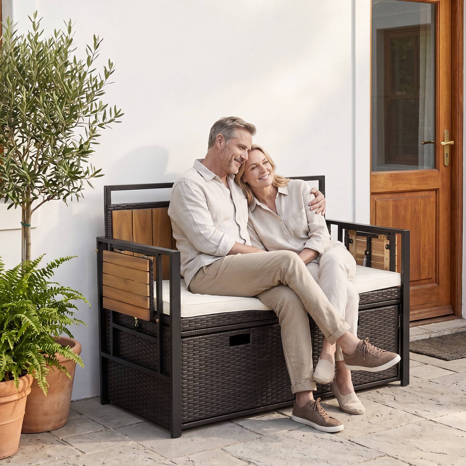 Alt View 4. Costway - Costway Patio Storage Bench with 2 Folding Side Tables,2-Seater Rattan Bench Seat with Cushion - Brown + White + Natural.