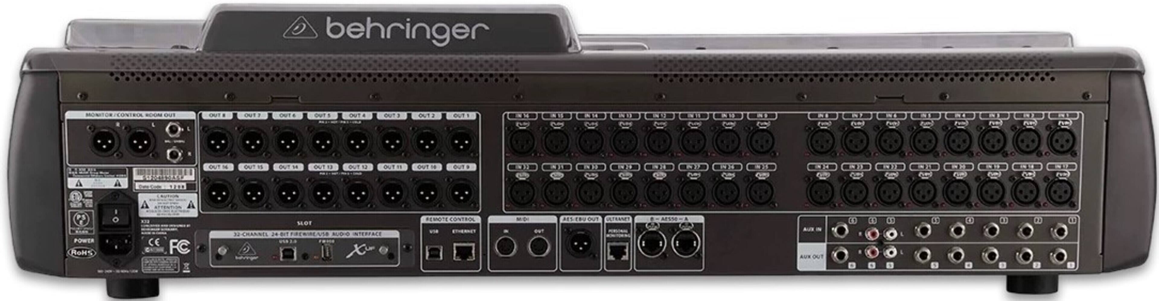 behringer

MONITOR/CONTROL ROOM OUT
OUT 16 OUT 15 OUT 14 OUT 13 OUT 12 OUT 11 OUT 10 OUT 9 OUT 8 OUT 7 OUT 6 OUT 5 OUT 4 OUT 3 OUT 2 OUT 1

22-CHANNEL 24-BIT FIREWIRE/USB AUDIO INTERFACE

POWER
FC
RoHS

X32

32 CHANNELS 24-BIT

INTERFACE

REMOTE CONTROL
VIA ETHERNET

MODI

AES-EBU OUT

AUX IN

AUX OUT

XLR

USB

FIREWIRE

CE

FC

X32