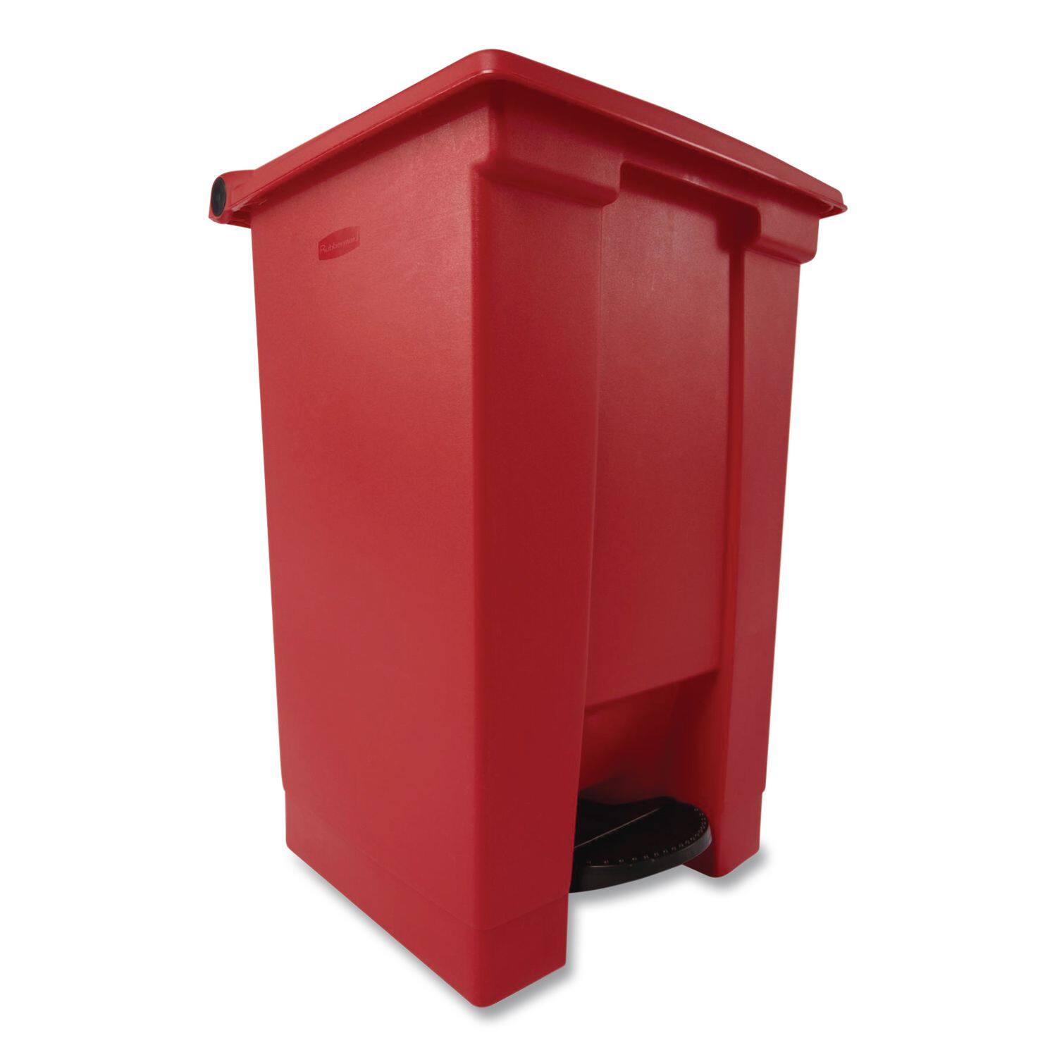 Angle. RubberMaid - Indoor Utility Step-On Waste Container, 12 gal, Plastic, Red.