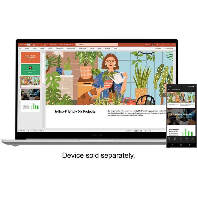 Atales & Saus  
TCe Semn Jesuca  
The moment  
Te Design Transitions Animations Slide Show Review View AI4 Help Share Comments  
Eco-Friendly DIY Projects  
Simple tips - Swing  
more eco-friendly  
should -l contribute  
Check B - see 18 TM  
- - to be more environmentally  
2024  
Device sold separately.