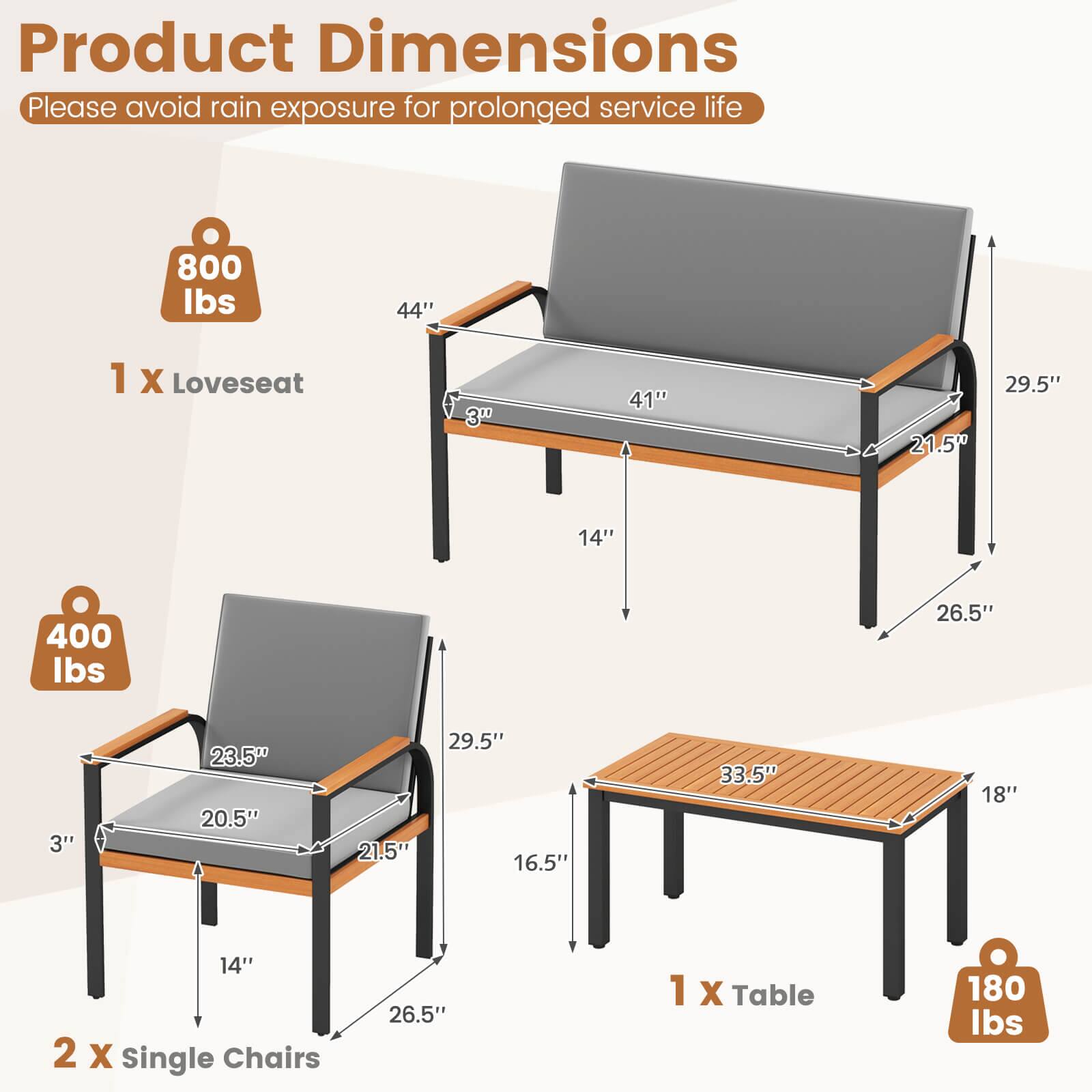 Product Dimensions  
Please avoid rain exposure for prolonged service life  

1 x Loveseat  
- Weight: 800 lbs  
- Dimensions: 44" (L) x 41" (W) x 29.5" (H)  
- Seat: 21.5" (W) x 14" (D)  

2 x Single Chairs  
- Weight: 400 lbs  
- Dimensions: 26.5" (L) x 20.5" (W) x 29.5" (H)  
- Seat: 21.5" (W) x 14" (D)  

1 x Table  
- Weight: 180 lbs  
- Dimensions: 33.5" (L) x 18" (W) x 16.5" (H)