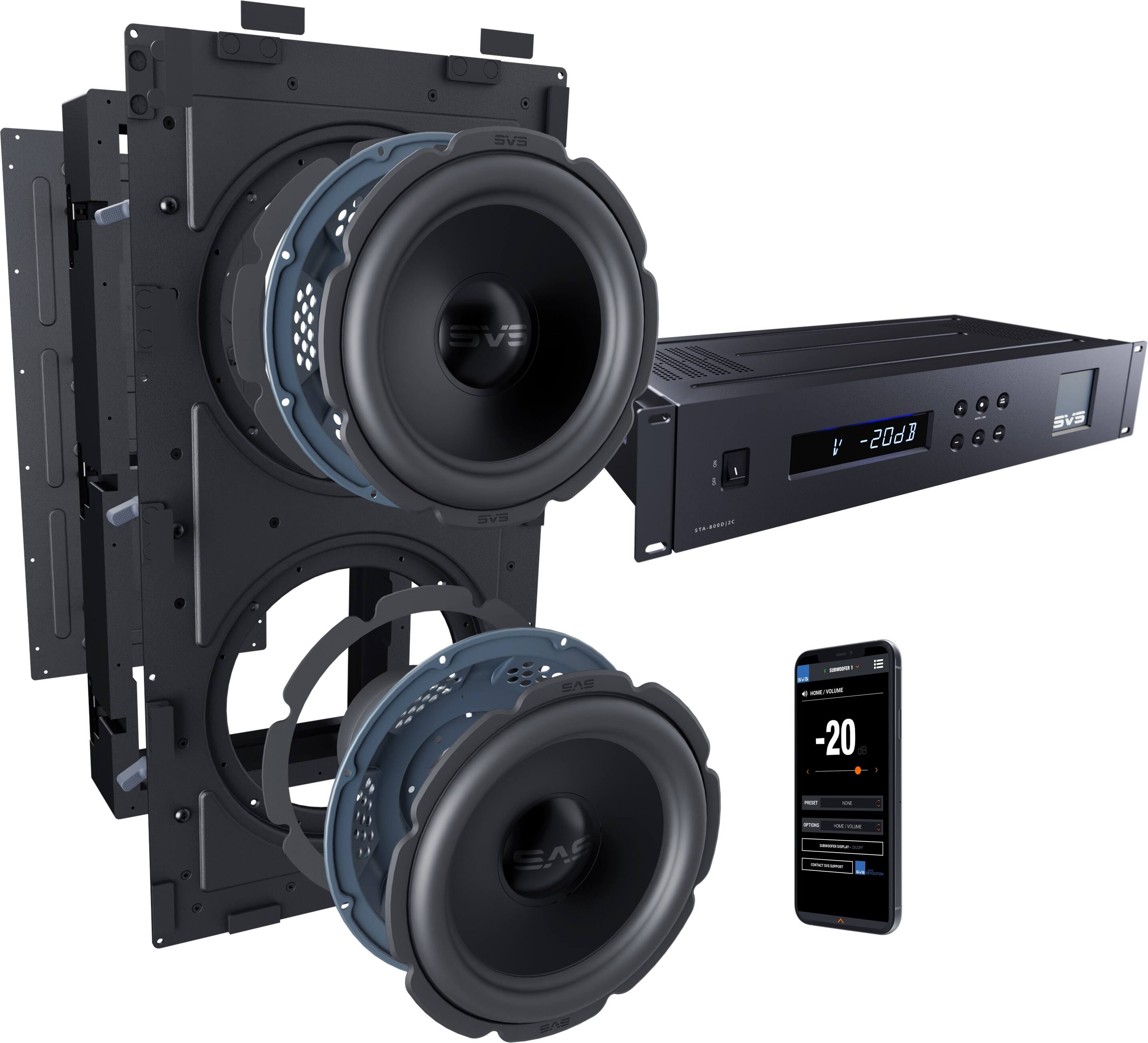 The image features a pair of black speakers, one on the left and one on the right, with a sound amplifier in the middle. The speakers are connected to the amplifier, which is likely used to enhance the sound quality. The amplifier is placed on a table, and a cell phone is also visible in the scene, placed near the right speaker. The overall setup suggests that this is a sound system setup for a home or personal use.