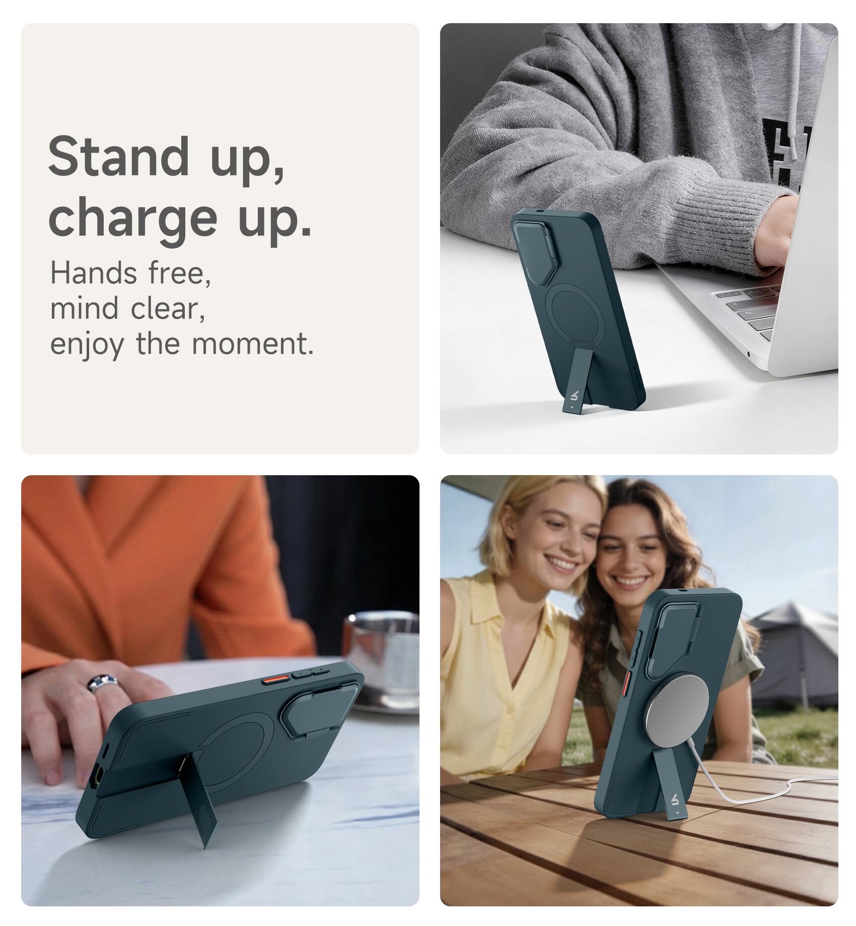 Stand up, charge up.  
Hands free, mind clear, enjoy the moment.