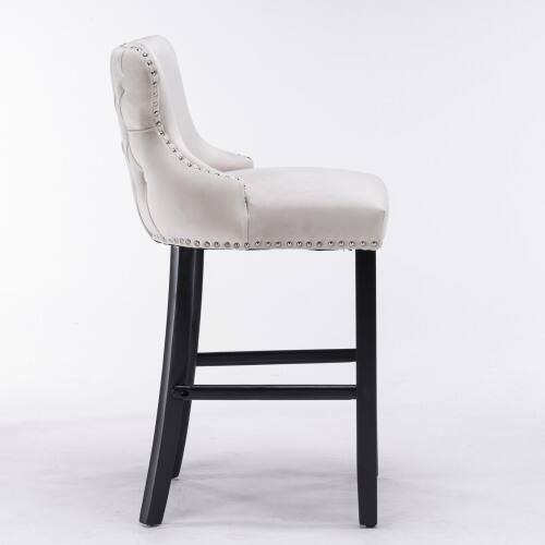 Back. LUCKY ONE - Assembled Wing-Back Velvet Bar Stool Set of 2 Button Tufted Wood Legs Chrome Nailhead Trim - Beige.