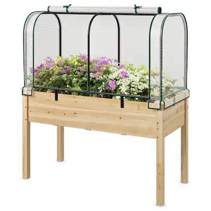 Front. Costway - Costway Wood Raised Garden Bed with Greenhouse Cover Mini Portable Greenhouse Kit - White+Beige.