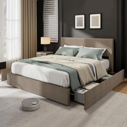 Front. Qeetex - Upholstered Platform Bed with 4 Storage Drawers, Channel Tufted Wingback Headboard & Solid Wood Slat Support - Brown.