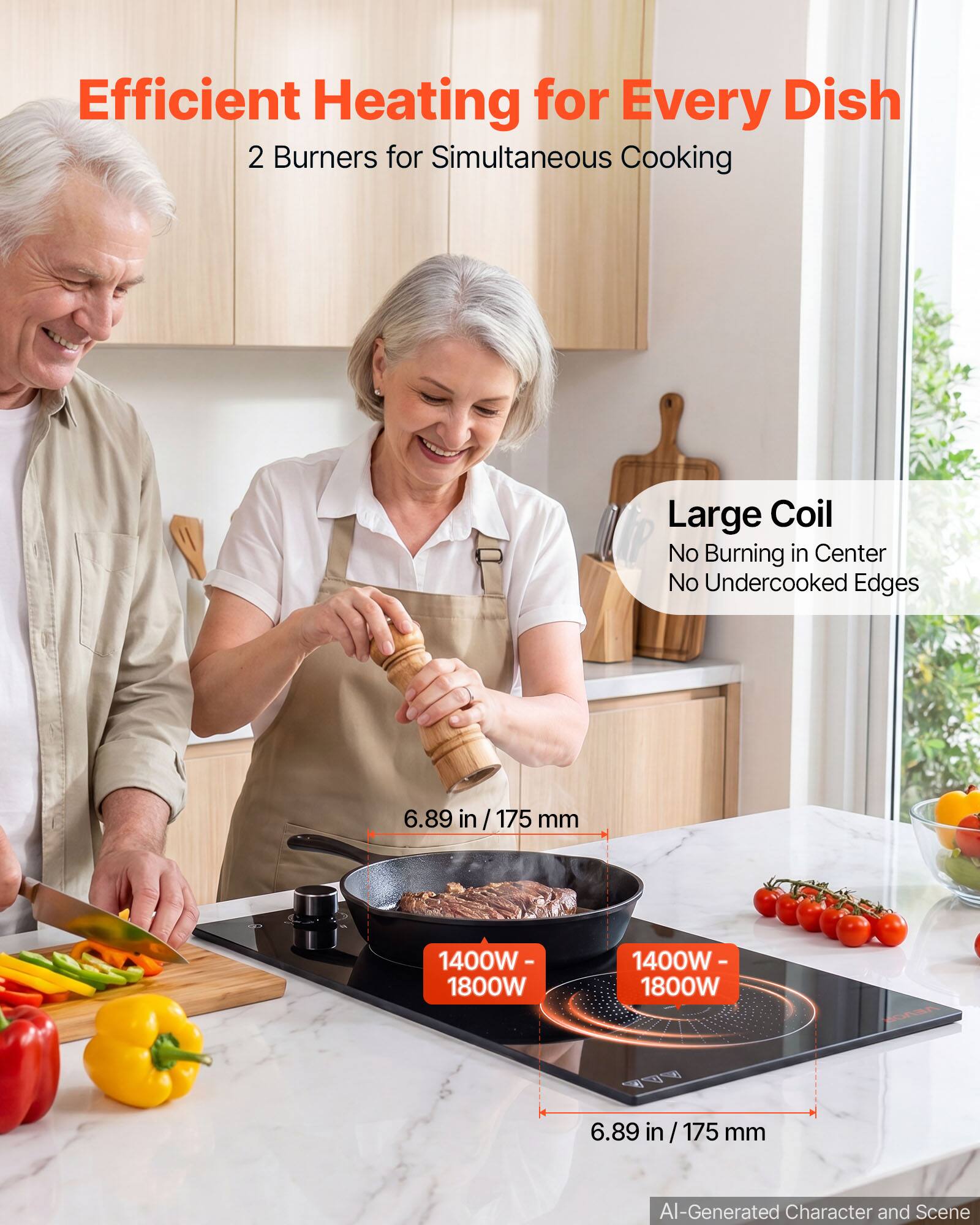 Efficient Heating for Every Dish  
2 Burners for Simultaneous Cooking  

Large Coil  
No Burning in Center  
No Undercooked Edges  

6.89 in / 175 mm  
1400W - 1800W  

6.89 in / 175 mm  

AI-Generated Character and Scene