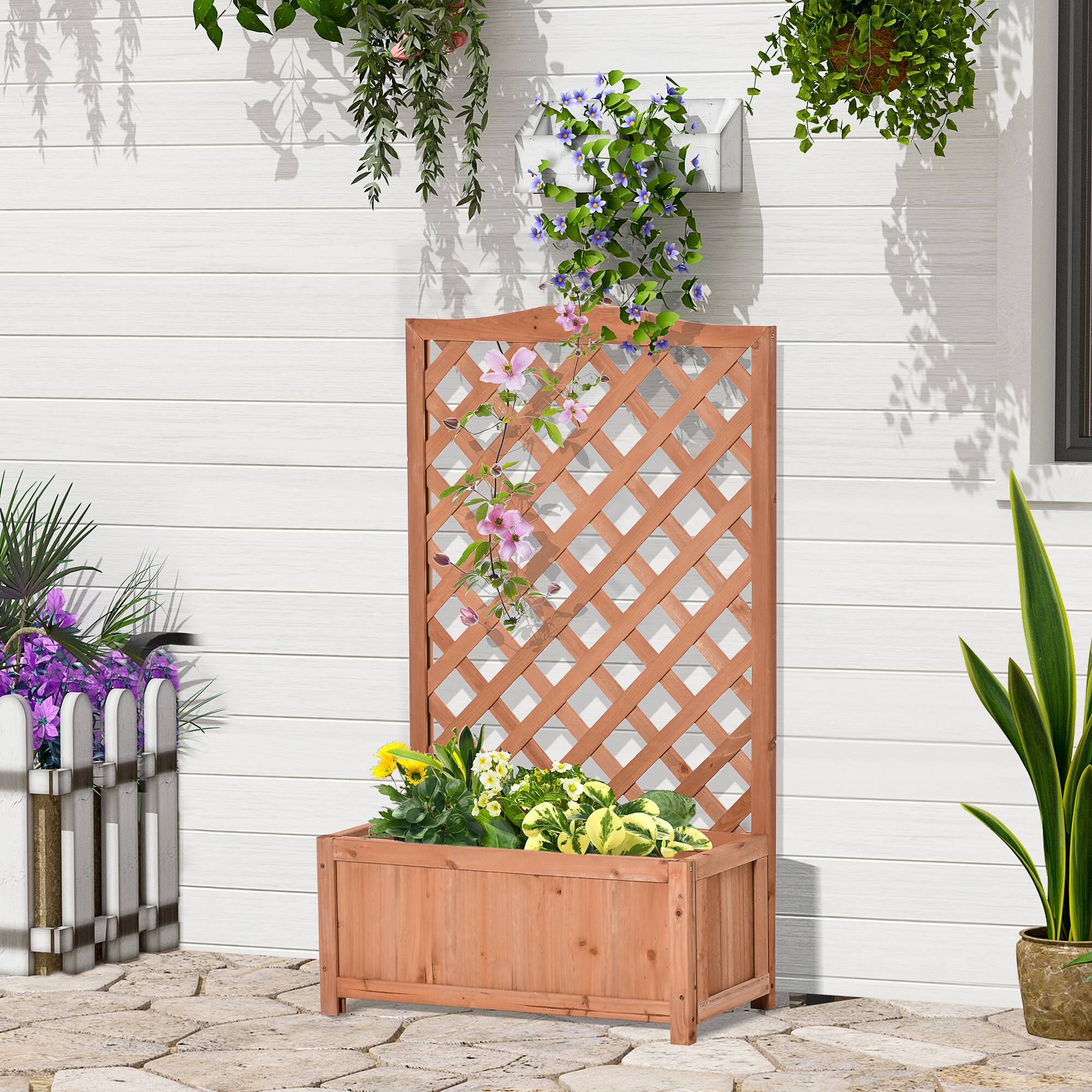 Alt View 1. Outsunny - Wooden Planter with Trellis, Raised Garden Bed to Grow Vegetables, Herbs, Flowers for Backyard - Brown.