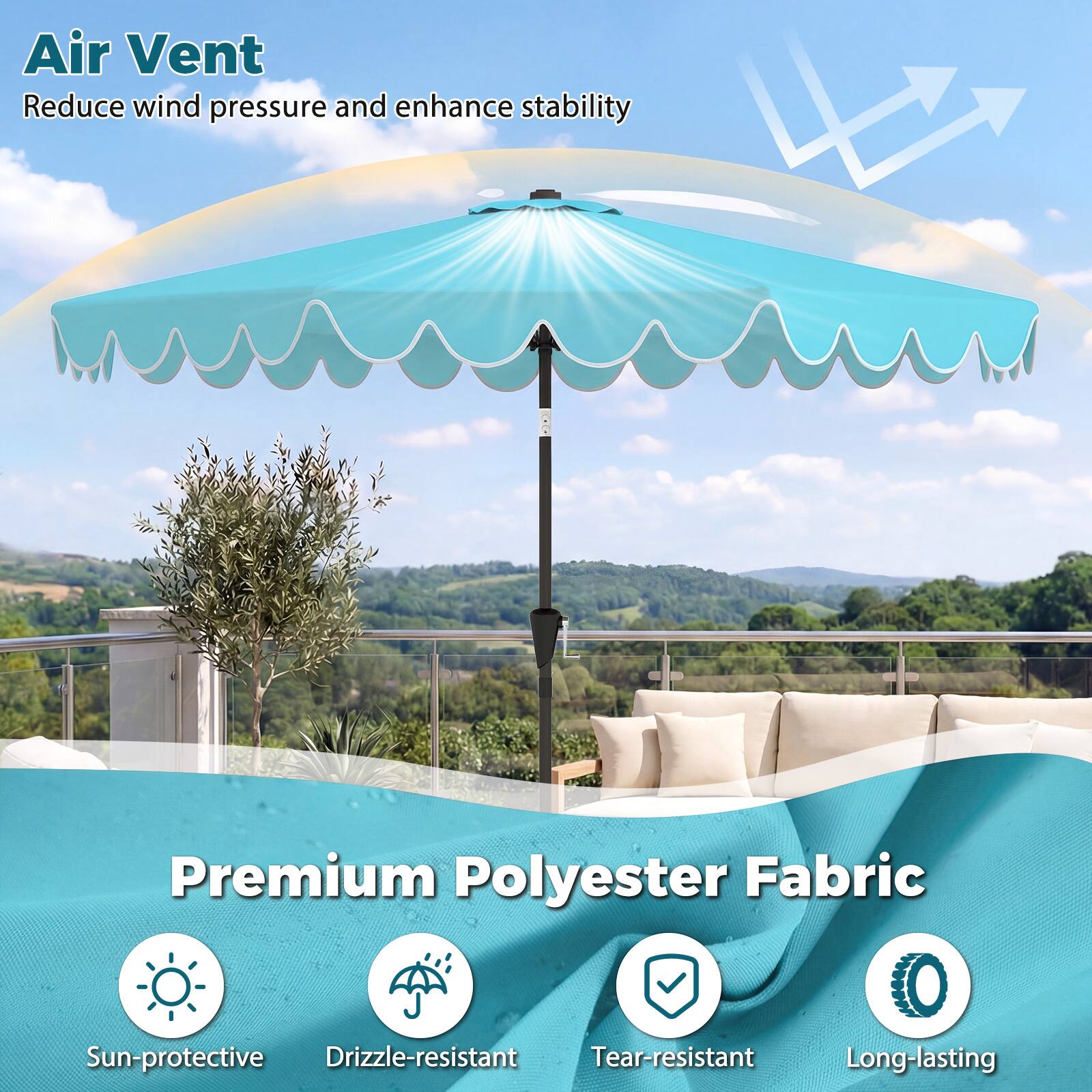 Air Vent  
Reduce wind pressure and enhance stability  

Premium Polyester Fabric  
Sun-protective  
Drizzle-resistant  
Tear-resistant  
Long-lasting