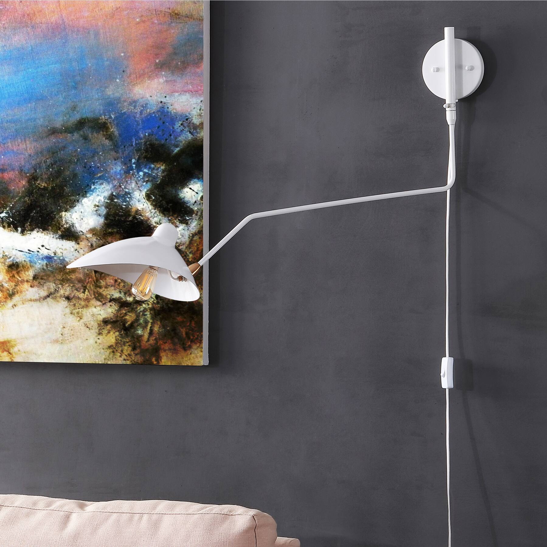Alt View 4. Jonathan Y - Frank 35" Iron Retro Swing LED Wall Sconce, White - White/Brass Gold.