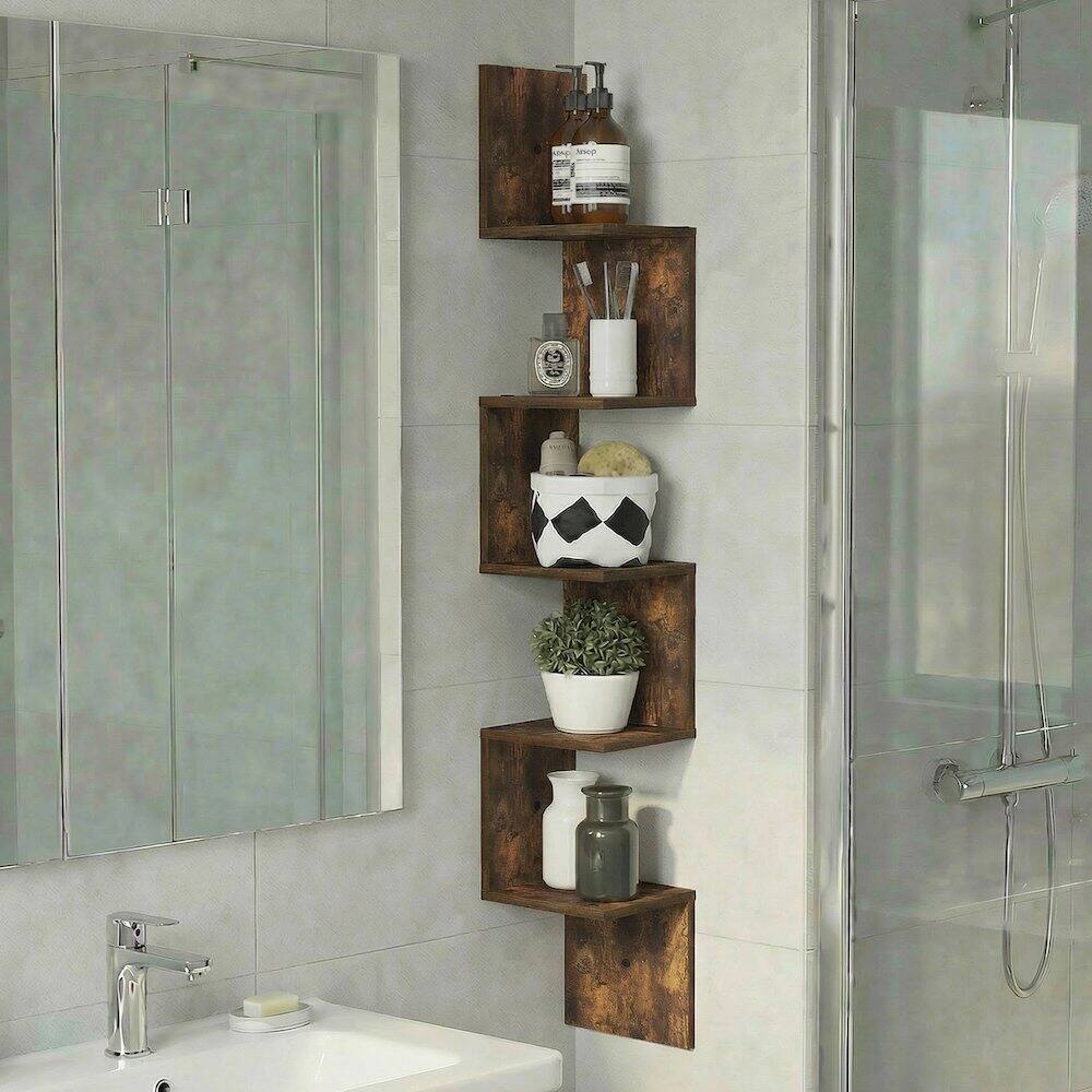 Angle. Furinno - ROSSI Corner Floating Shelves for Wall, Corner Square Wall Shelf, S-shape Radial Floating Book Shelf, Easy Assembly - Amber Pine.