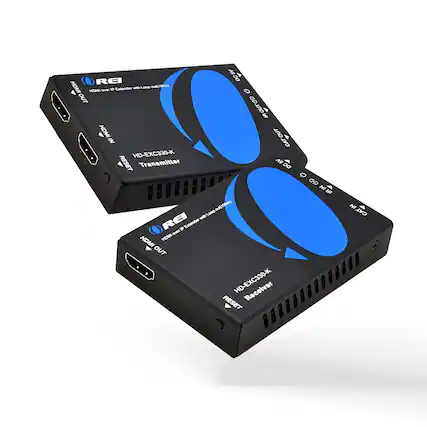 The text on the image appears to be a description of an HDMI transmitter and receiver setup. Here is the corrected and grouped text:
**Transmitter:**
- HDMI IN
- HDMI OUT
- IR IN
- IR OUT
- CAT OUT
- RESET
- Model: HD-EXC330-K
**Receiver:**
- HDMI OUT
- CAT IN
- RESET
- Model: HD-EXC330-K
**Additional Information:**
- RCI DCSV HDMI
- LoE
- HOMI
- Sotner 1 OUT
- IR OUTCD IR 1
- HDMI CATOUT IN
- DCR Q GD NI NW b Imoora OAL Loce w
- R Extener Oe HDMI HOMI OUT
This setup likely involves an HDMI over Cat5e/6 extender, allowing HDMI signals to be transmitted over a network cable.