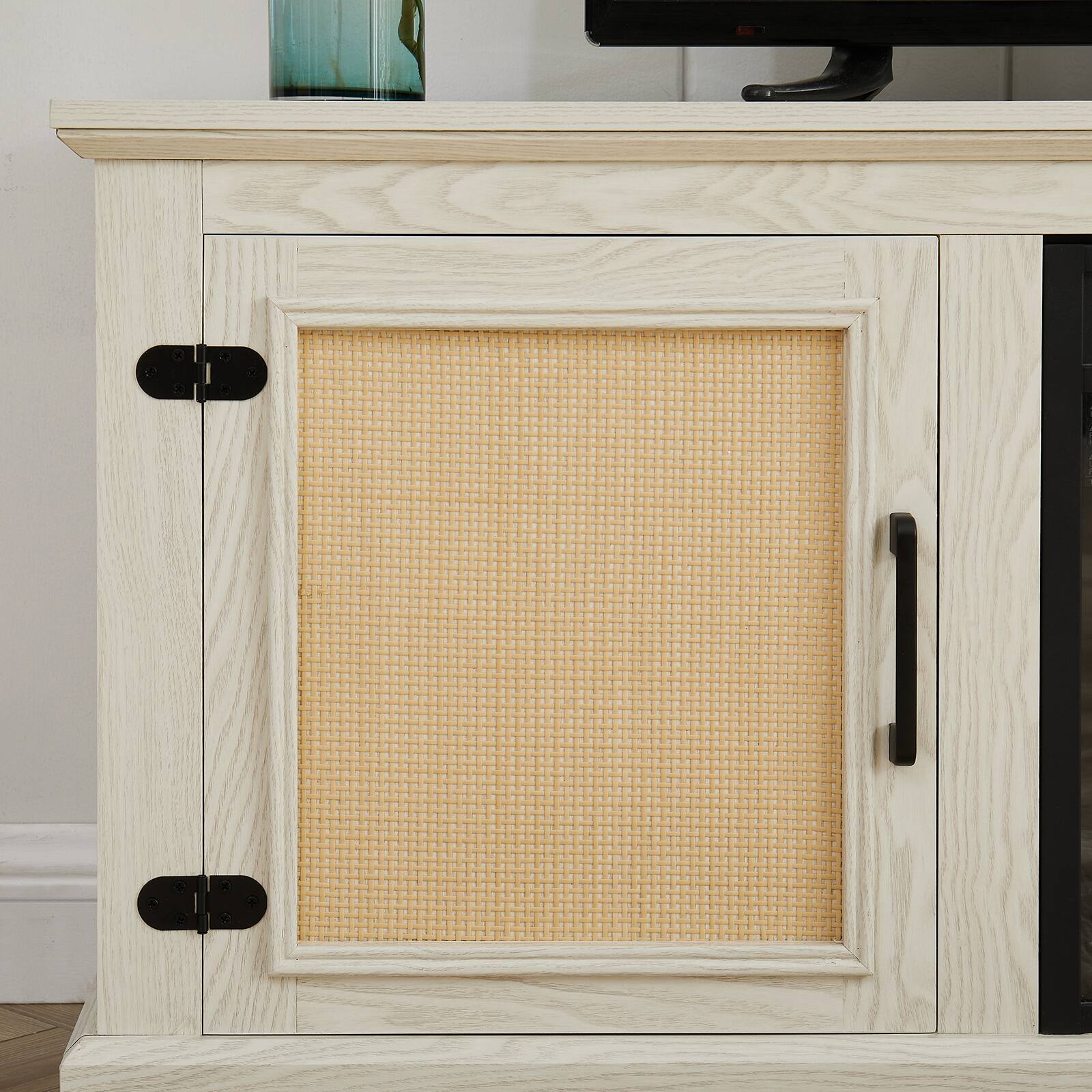 Alt View 2. Chateau Abodes - 65" Farmhouse TV Stand Entertainment Console 2 Storage Shelves, 2 Natural Rattan Door Cabinets for TV Up to 70" - Antique White.