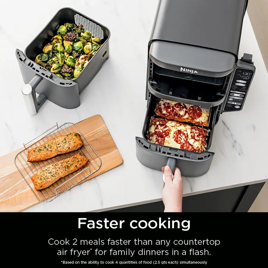 NINJA 130 450 SO Faster cooking Cook 2 meals faster than any countertop air fryer' for family dinners in a flash. *Based on the ability to cook 4 quantities of food (2.5 qts each) simultaneously.