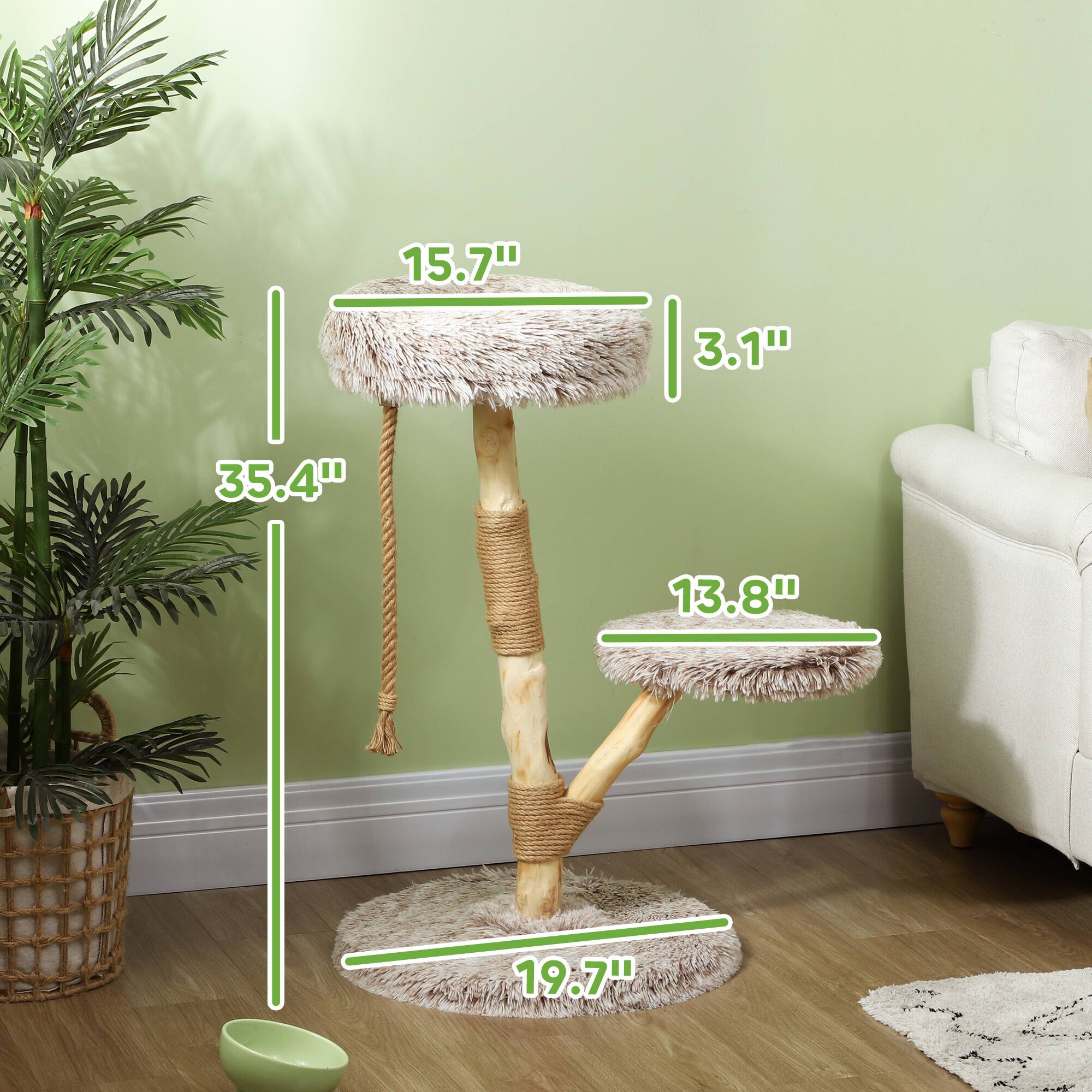 Left. Pawhut - 35 Inch Modern Cat Tree Tower for Indoor Adult Cats with Wooden Natural Branch Scratching Posts, Cat Bed & Rope Toy - Brown.