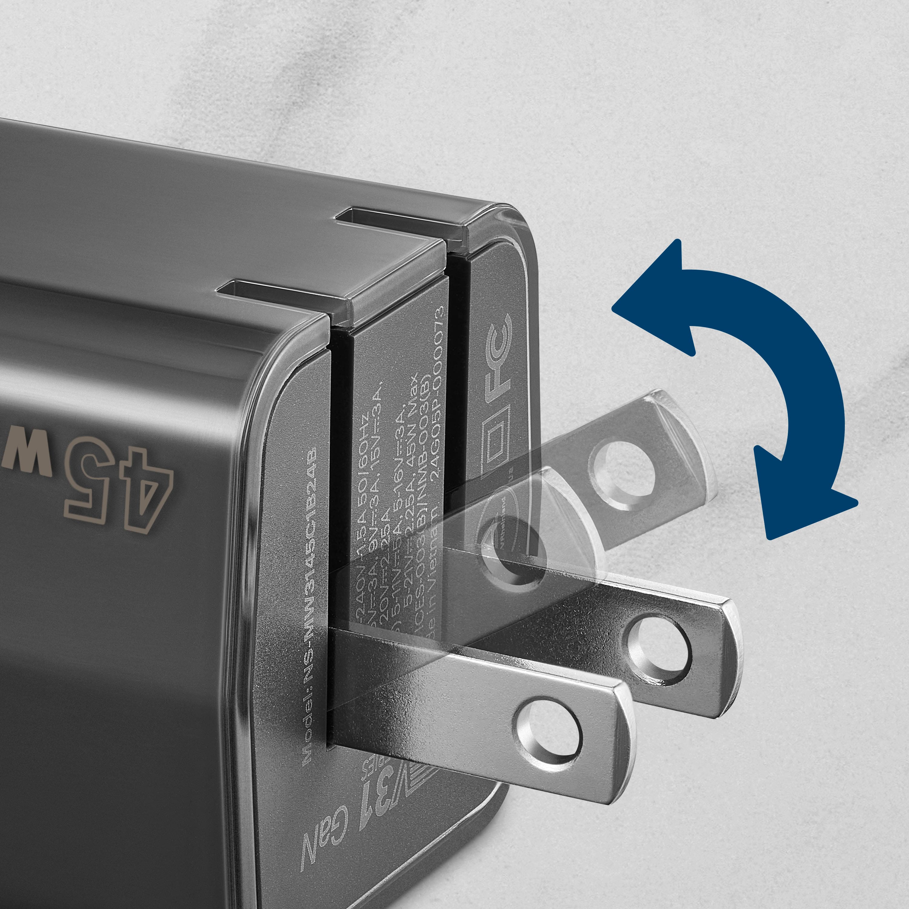 The text on the image is:
"M 45 000073 Max OFC 15V=3A, 5-16V-3A 45W (B)/NMB-003(B) 24G05P 15460/60Hz i 9V~3A 25A NS-MW3145C18248 5-1VS6A. 5-21V2 CoO invietna -240V V3A 20Vm 6 CES-003 O0 Modal BIES 31 GaN"
The text is grouped as follows:
"M 45 000073 Max OFC 15V=3A, 5-16V-3A 45W (B)/NMB-003(B) 24G05P 15460/60Hz i 9V~3A 25A NS-MW3145C18248 5-1VS6A. 5-21V2 CoO invietna -240V V3A 20Vm 6 CES-003 O0 Modal BIES 31 GaN"
The text is correct.