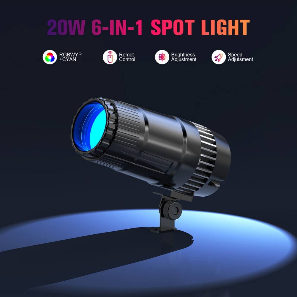 20W 6-IN-1 SPOT LIGHT

- RGBWYP + CYAN
- Remote Control
- Brightness Adjustment
- Speed Adjustment