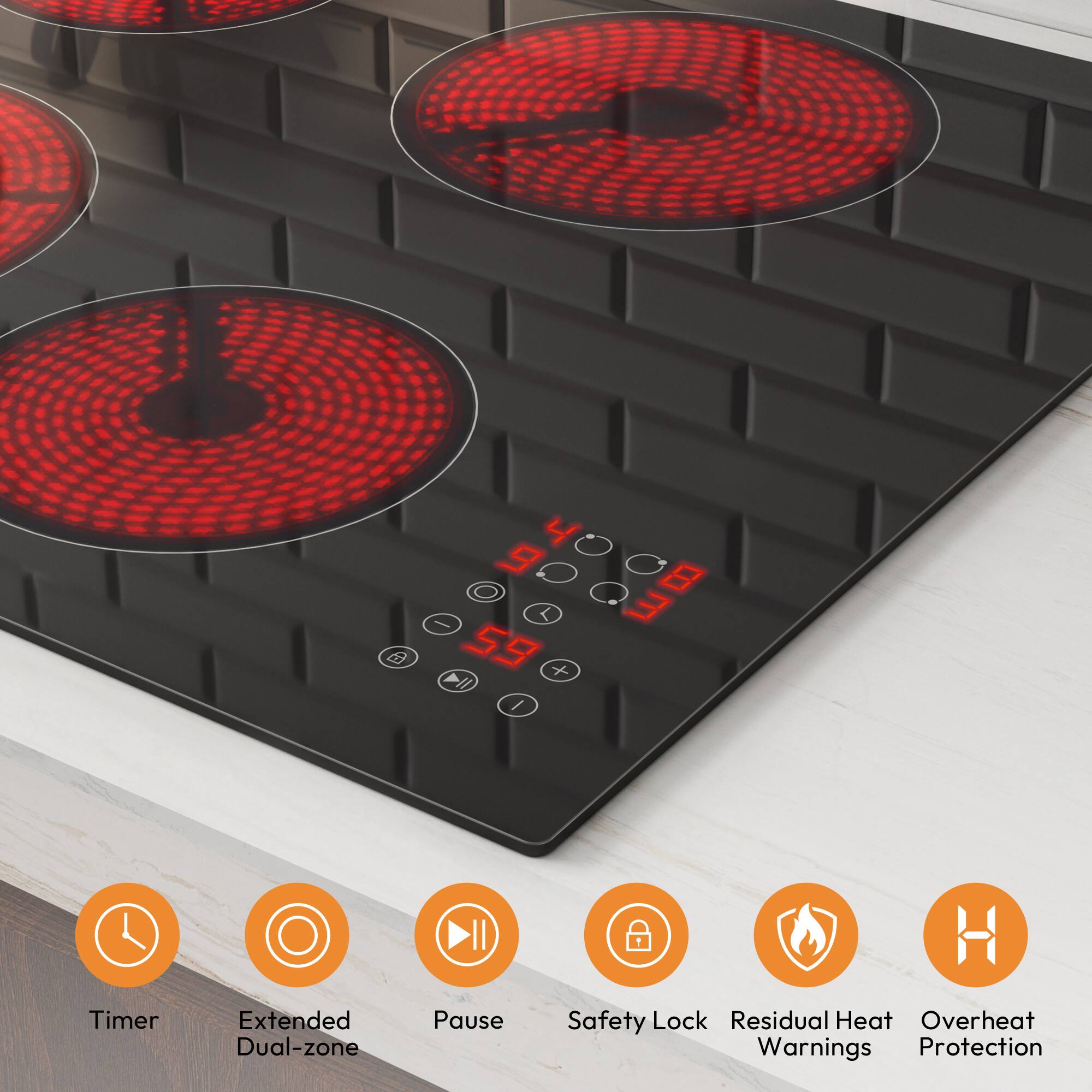 Timer, Extended Dual-zone, Pause, Safety Lock, Residual Heat Warnings, Overheat Protection