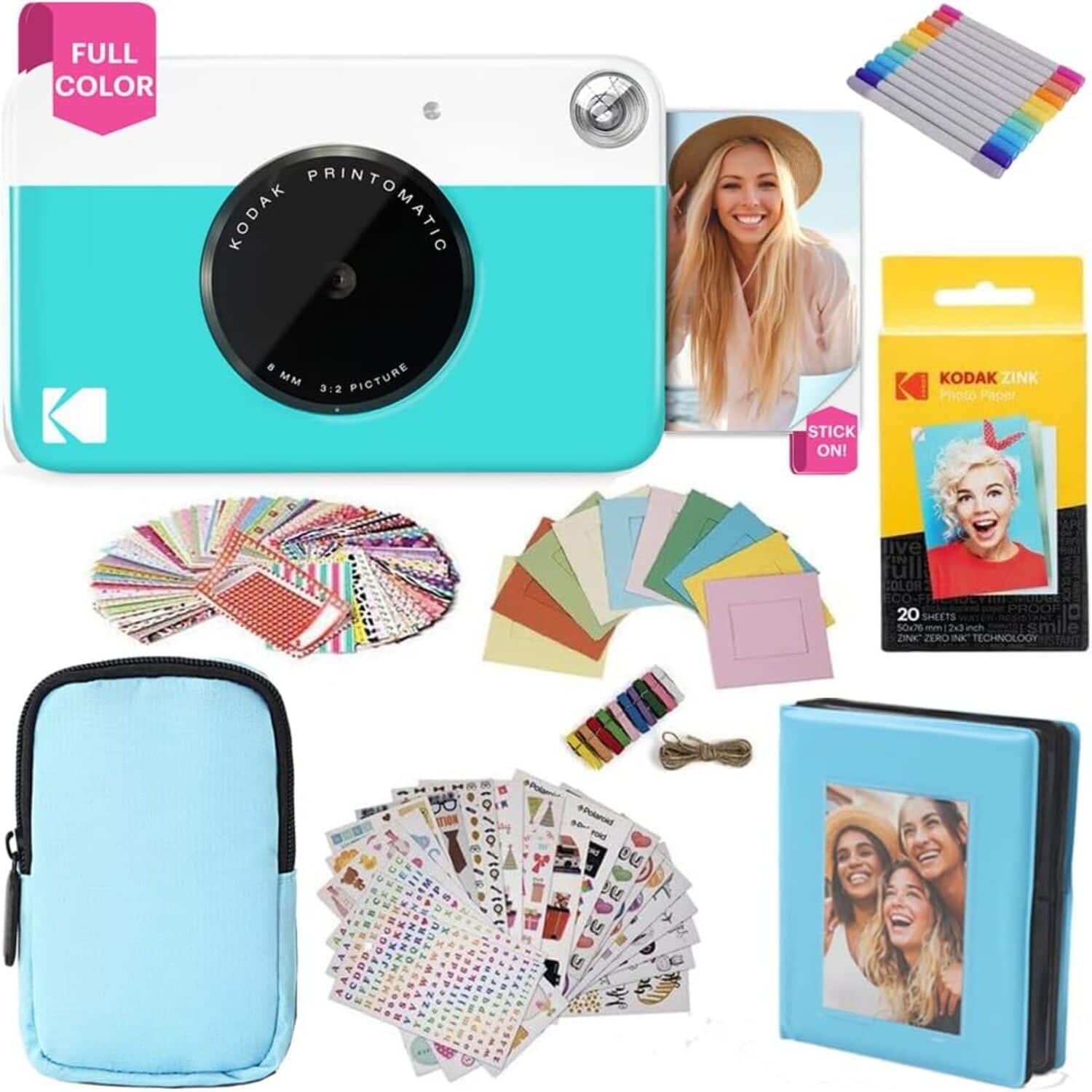 Kodak - Printomatic Instant Print Camera Gift Bundle with Soft Case, Photo Paper, Stickers & More - Blue