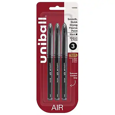 Uniball AIR MICRO
Smooth, Quick Drying, Porous Point
Black Medium 0.7mm
3 Pack
Textured Comfort Grip
AIR