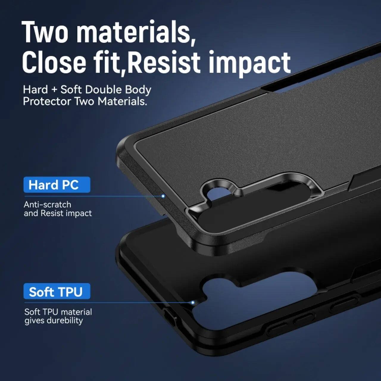 Two materials, Close fit, Resist impact  
Hard + Soft Double Body Protector Two Materials.  

Hard PC  
Anti-scratch and Resist impact  

Soft TPU  
Soft TPU material gives durability
