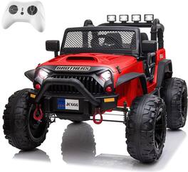 BreeBe - 12V Ride-On Car Truck with Remote, 2-Seater Kids Electric Car, Spring Suspension, 9Ah Battery, 3 Speeds, Doors, Music - Red, Black