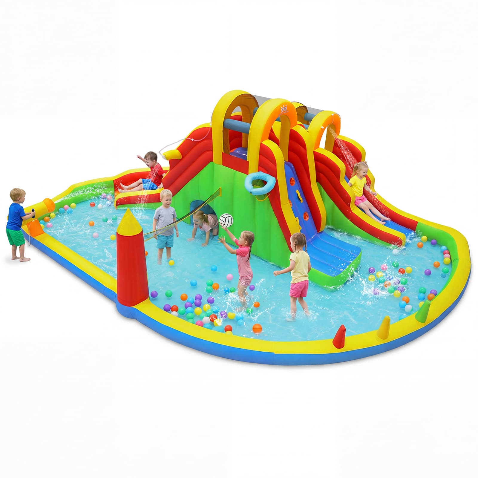 Costway - Inflatable Water Slide Park with 2 Long Slides, Climbing Walls, Splash Pool, Tunnel - Multi-color