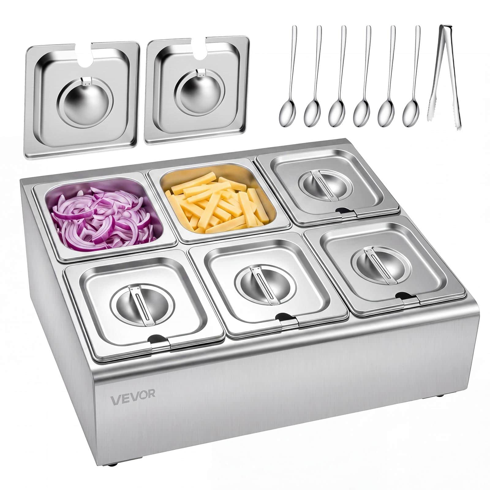 VEVOR - Countertop Food Serving Display Container, Stainless Steel Food Salad Server Tray, Buffet Condiment Dispenser,Ice Cooled - Silver