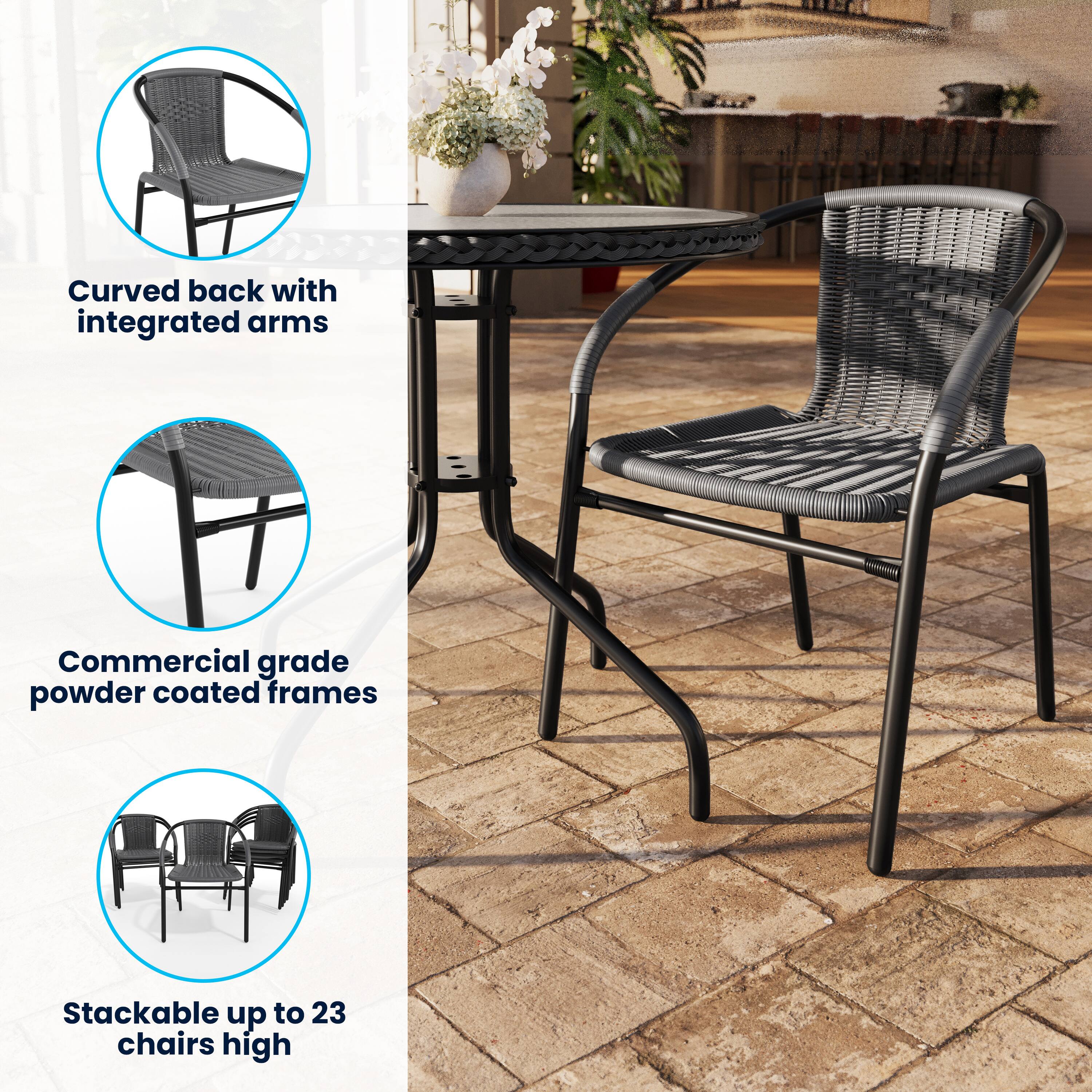 Curved back with integrated arms  
Commercial grade powder coated frames  
Stackable up to 23 chairs high